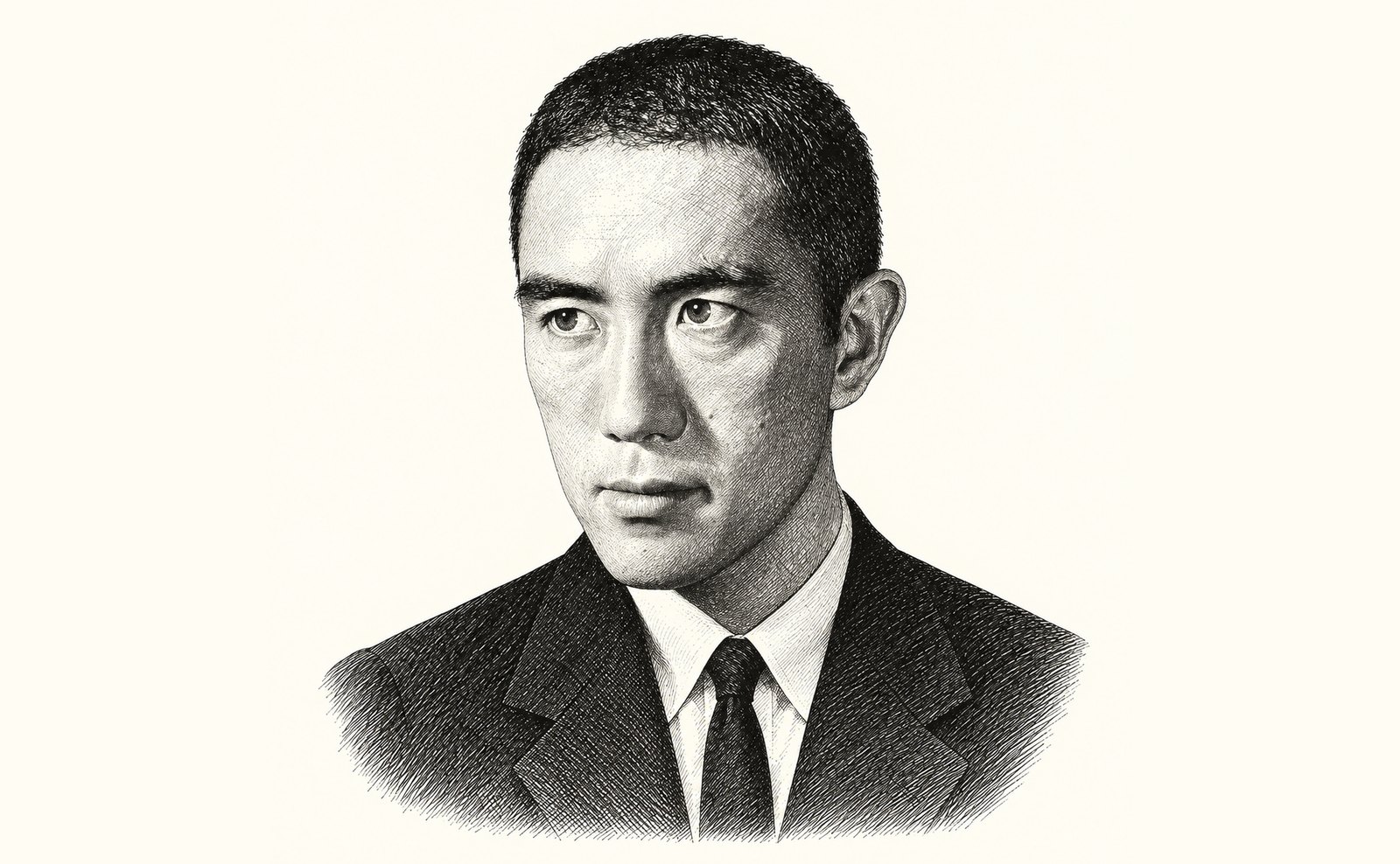 Portrait of Mishima Yukio (1925–1970), a line-engraving illustration