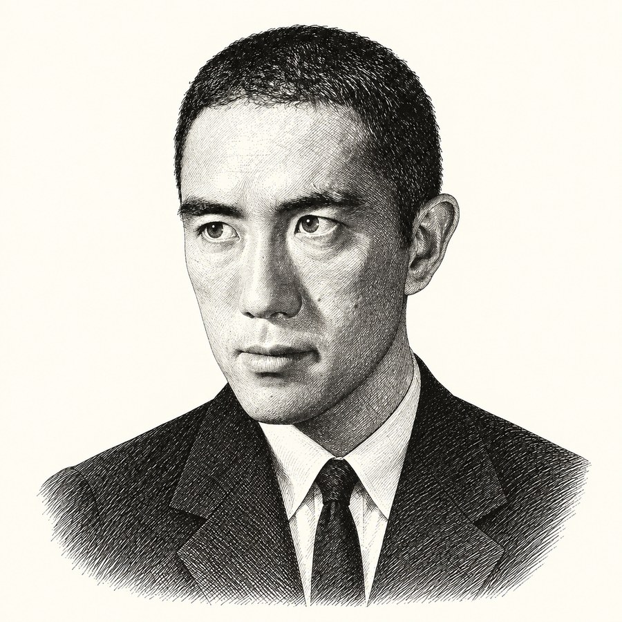 Portrait of Mishima Yukio (line-engraving illustration)